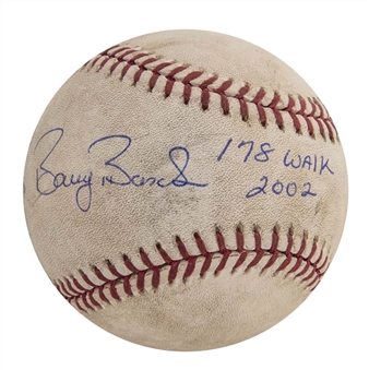 2002 Barry Bonds Game Used And Signed Baseball For His Record Breaking 178th Walk (Bonds LOA)